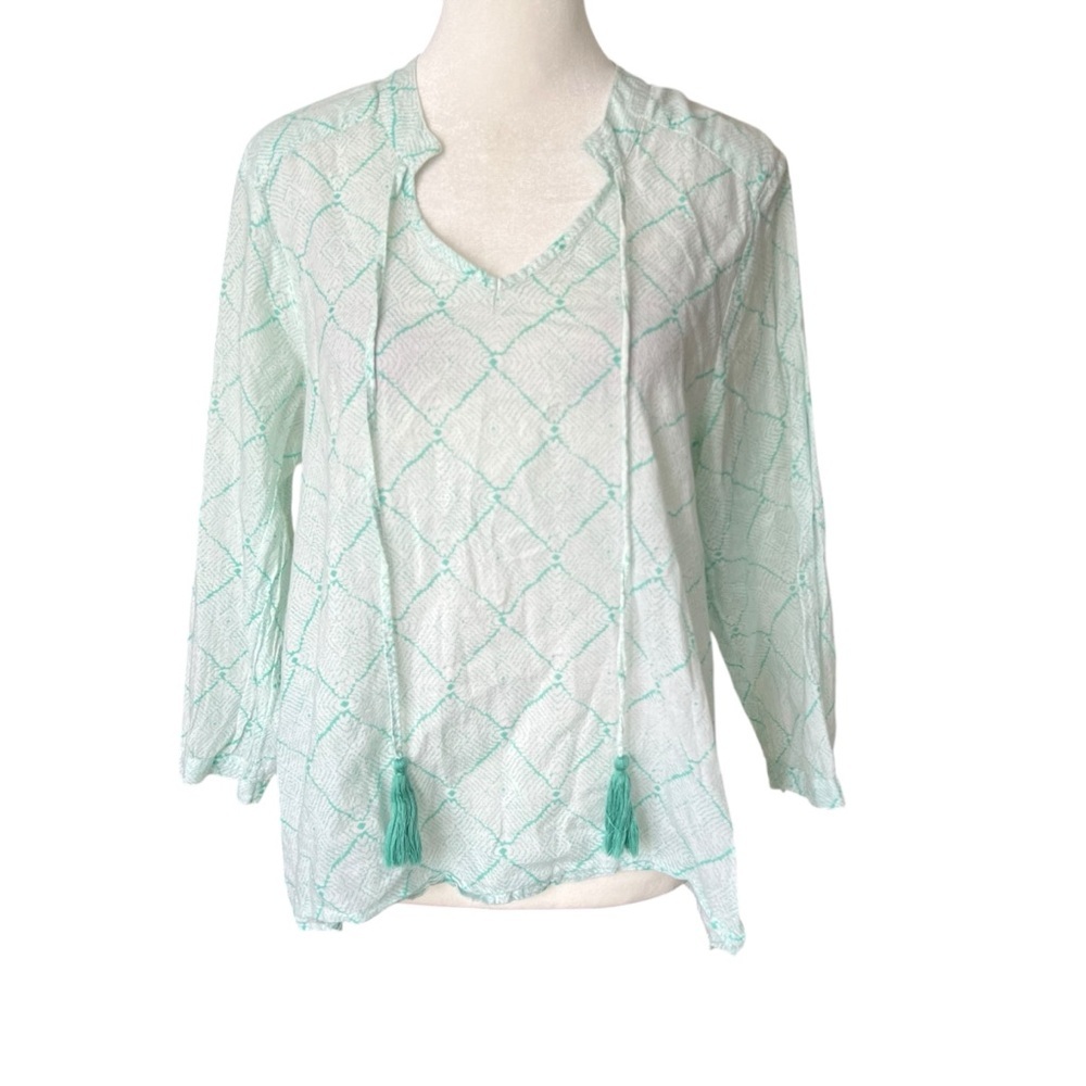 OLIPHANT Green Cotton Diamond Print Tassle Blouse Sz XS